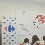 Mężczyzna w garniturze wręcza książkę "Karta Dużej Rodziny" na tle banerów Energa i Carrefour.