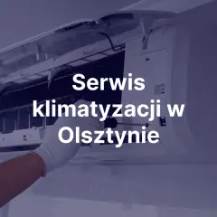 Ręka w białej rękawiczce naprawia klimatyzację. Napis: Serwis klimatyzacji w Olsztynie.