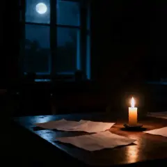 Płonąca świeca oświetla dokumenty na stole podczas nocnego black outu. Księżyc świeci przez okno.