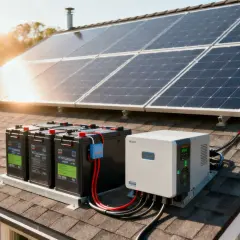 Panele słoneczne, akumulatory i falownik na dachu tworzą niezależną instalację off grid, zapewniając energię.