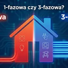 Dom podzielony na dwie części: po lewej instalacja jednofazowa 230V (gniazdko, żarówka), po prawej 3-fazowa 400V (wtyczka, pralka, wiertarka).