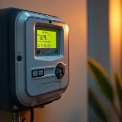 Cyfrowy licznik energii elektrycznej z wyświetlaczem pokazującym stan doładowania. W tle ciepłe światło lampy i zieleń rośliny.