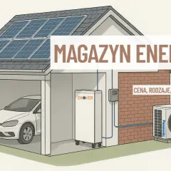 Dom z panelami słonecznymi, magazynem energii, samochodem elektrycznym i jednostką zewnętrzną klimatyzatora. Tekst: "Magazyn Energii 10 KW. Cena, rodzaje, możliwości.
