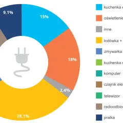 Wykres kołowy pokazuje zużycie energii elektrycznej przez urządzenia domowe, co wpływa na nieodnawialne źródła energii. Najwięcej prądu pochłania pralka (28,1%).