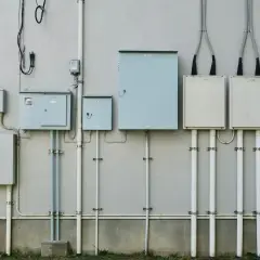 Zestaw skrzynek elektrycznych i rur na ścianie. Zastanawiasz się, ile trwa ponowne podłączenie prądu Enea?