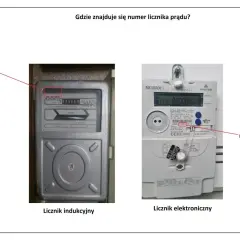 Na liczniku indukcyjnym numer znajduje się w czerwonej ramce. Na elektronicznym, gdzie znajdę numer licznika Energa, jest wskazany czerwoną strzałką.