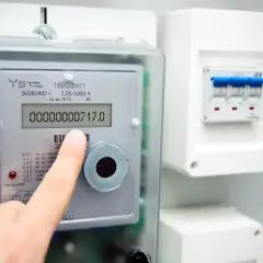 Palec wskazuje licznik energii elektrycznej, na którym widnieje odczyt 717.0. Obok znajduje się skrzynka z bezpiecznikami.