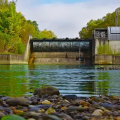 Przydomowa elektrownia wodna na rzece, z betonową zaporą i budynkiem turbin. Jesienne drzewa otaczają obiekt.