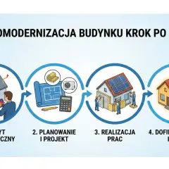 Schemat przedstawia kompleksowa termomodernizacja budynku: audyt, planowanie, realizacja i dofinansowanie.