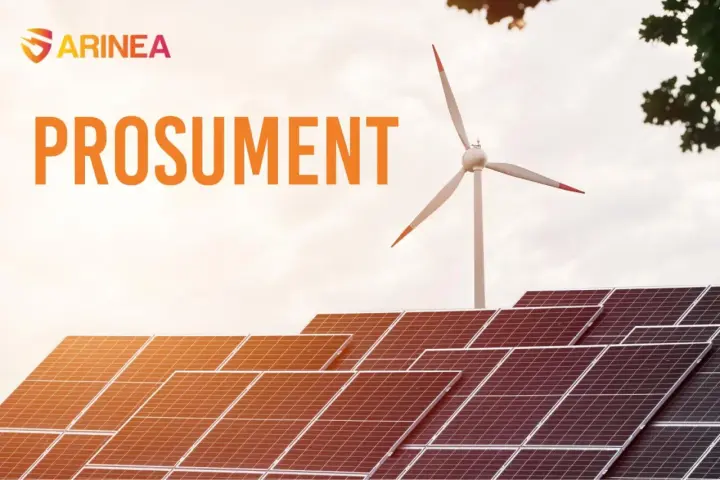 Panele słoneczne i turbina wiatrowa symbolizują prosumenta energii odnawialnej.