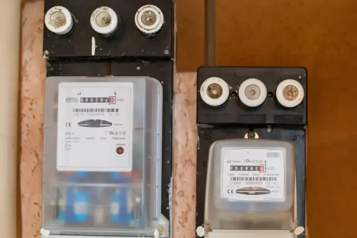 Dwa liczniki energii elektrycznej. Na lewym widoczny numer licznika Tauron: 0002947.
