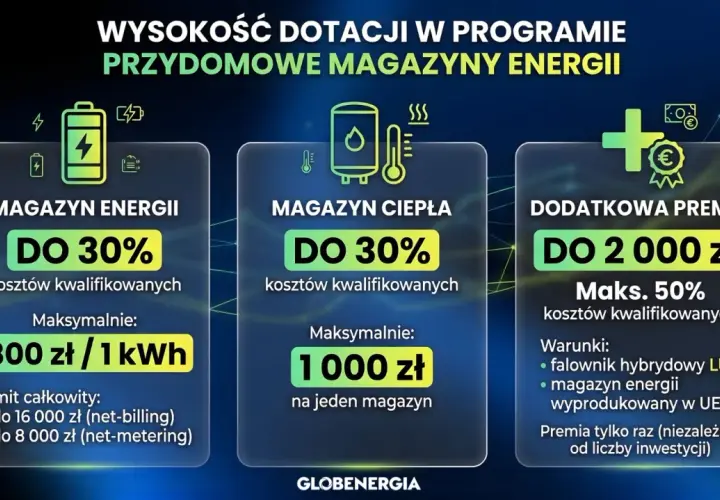 Dofinansowanie na magazyn energii: do 30% kosztów, maks. 800 zł/kWh. Dodatkowa premia do 2000 zł.