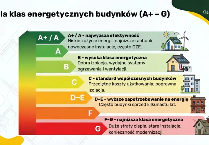Skala klas energetycznych budynków od A+ do G. Najwyższa efektywność (A+/A) oznacza niskie zużycie energii i poprawę efektywności energetycznej.