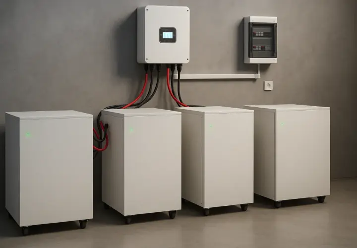Nowoczesny system magazynowania energii z czterema akumulatorami i falownikiem. Idealny do rankingu magazynów energii.