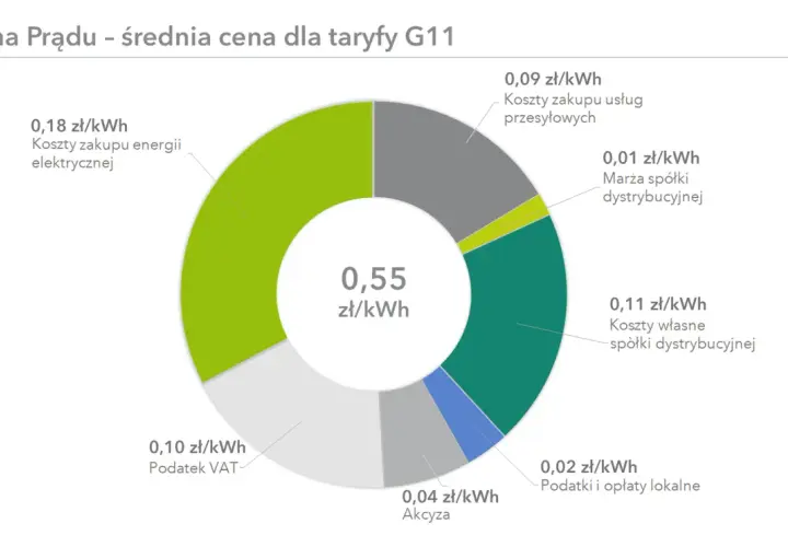 Struktura ceny prądu w Polsce: koszty zakupu energii, przesyłu, dystrybucji, marża, VAT, akcyza i podatki.