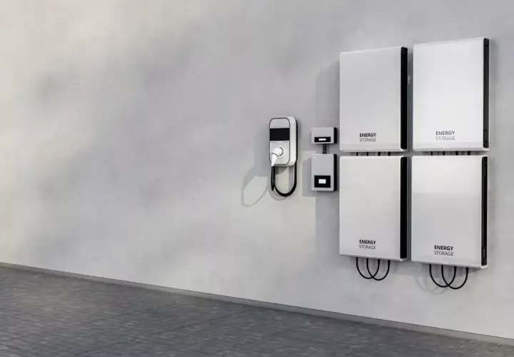 Nowoczesny bank energii 5kW na ścianie, obok ładowarka EV.