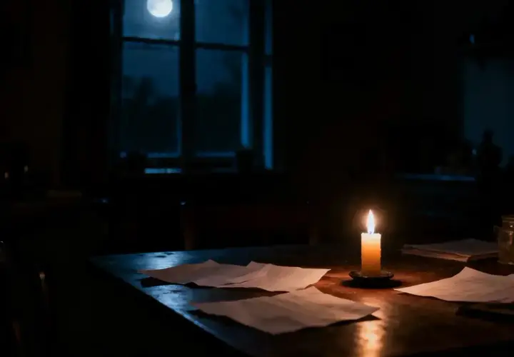 Płonąca świeca oświetla dokumenty na stole podczas nocnego black outu. Księżyc świeci przez okno.