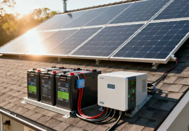 Panele słoneczne, akumulatory i falownik na dachu tworzą niezależną instalację off grid, zapewniając energię.