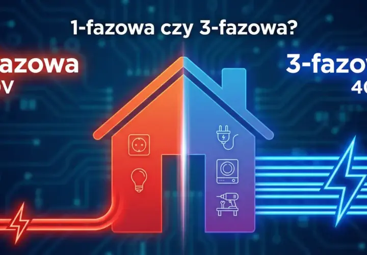 Dom podzielony na dwie części: po lewej instalacja jednofazowa 230V (gniazdko, żarówka), po prawej 3-fazowa 400V (wtyczka, pralka, wiertarka).