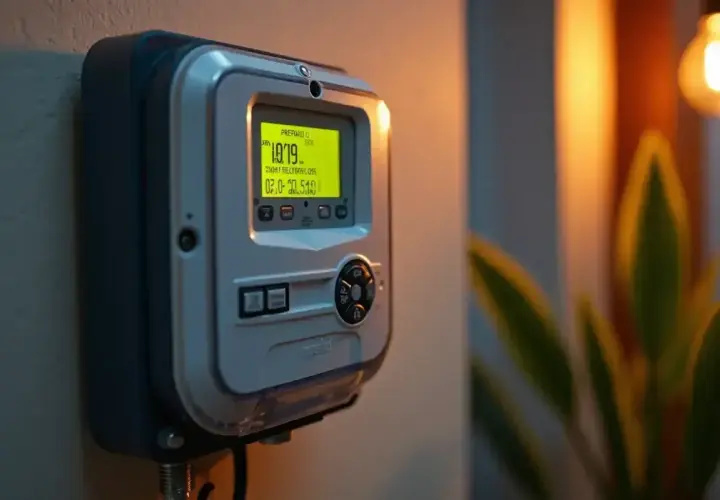 Cyfrowy licznik energii elektrycznej z wyświetlaczem pokazującym stan doładowania. W tle ciepłe światło lampy i zieleń rośliny.