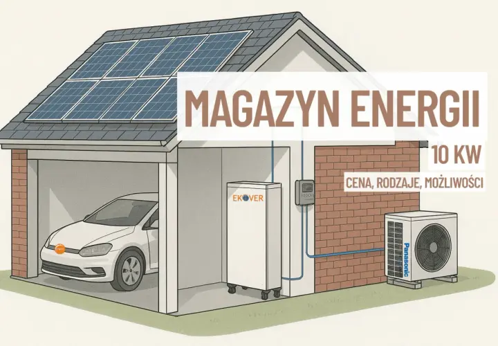 Dom z panelami słonecznymi, magazynem energii, samochodem elektrycznym i jednostką zewnętrzną klimatyzatora. Tekst: "Magazyn Energii 10 KW. Cena, rodzaje, możliwości.