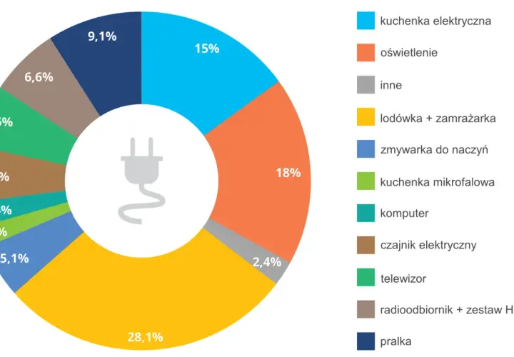Wykres kołowy pokazuje zużycie energii elektrycznej przez urządzenia domowe, co wpływa na nieodnawialne źródła energii. Najwięcej prądu pochłania pralka (28,1%).