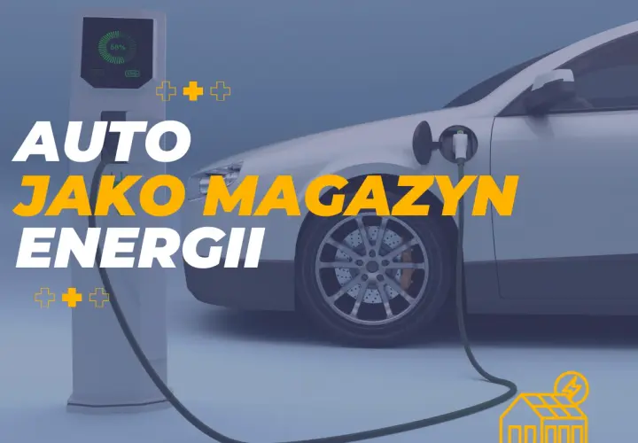 Biały samochód elektryczny podłączony do ładowarki. Napis "AUTO JAKO MAGAZYN ENERGII" sugeruje, że pojazd może służyć jako mobilne źródło zasilania.