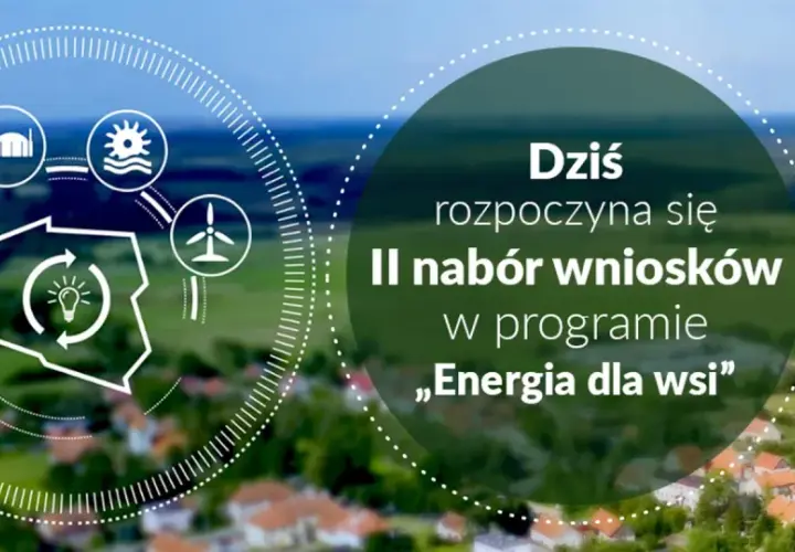 Grafika informuje o II naborze wniosków w programie „Energia dla wsi”. Widoczne ikony symbolizują odnawialne źródła energii, wspierające rozwój obszarów wiejskich.