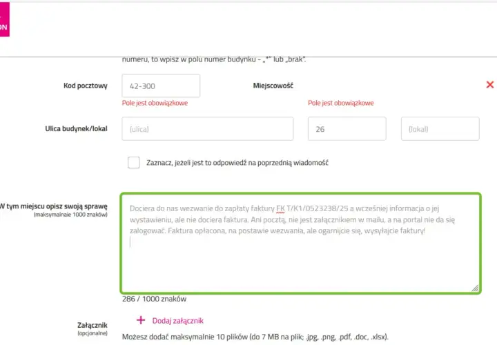 Formularz Tauron reklamacje: opis problemu z fakturą, brak możliwości zalogowania na portal.