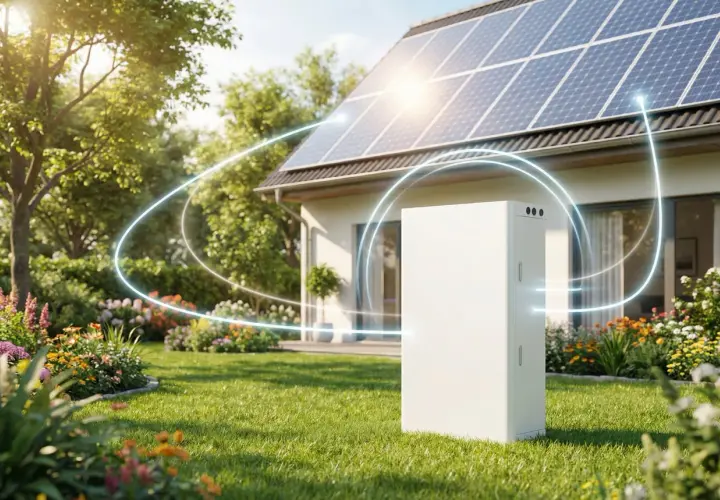 Nowoczesny dom z panelami słonecznymi i magazynowanie energii elektrycznej w białym urządzeniu w ogrodzie.