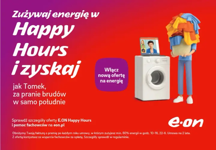 E.ON Happy Hours: Tomek pierze w południe, zyskując na energii. Sprawdź eon.pl, by poznać korzystną eon cena za kwh.