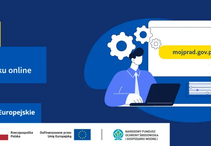 Grafika ilustruje, jak sprawdzić status wniosku Mój Prąd 6.0 online. Widoczna jest strona internetowa mojprad.gov.pl.