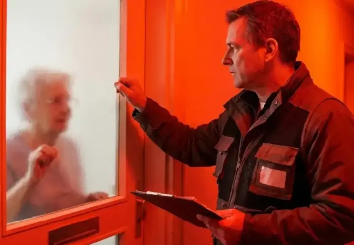 Mężczyzna puka do drzwi starszej pani, trzymając dokumenty. Uważaj na oszustów podszywających się pod pracowników Tauron, którzy chcą wymienić licznik.