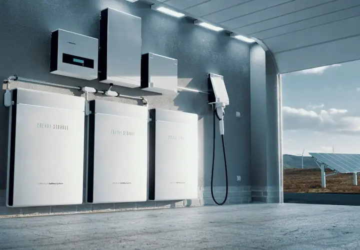 Nowoczesny magazyn energii off grid z bateriami litowo-jonowymi i ładowarką. W tle panele słoneczne i turbiny wiatrowe.