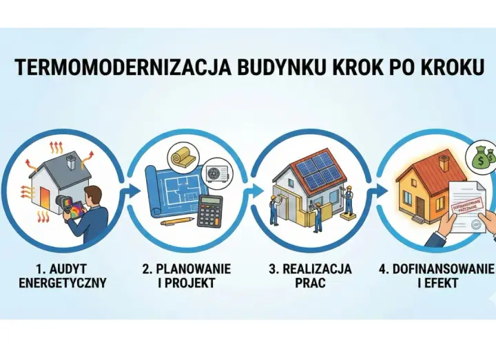 Schemat przedstawia kompleksowa termomodernizacja budynku: audyt, planowanie, realizacja i dofinansowanie.