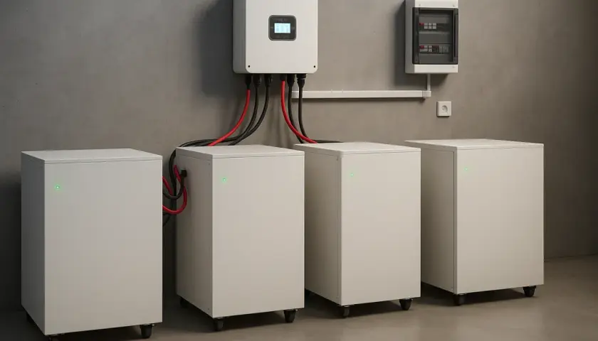 Nowoczesny system magazynowania energii z czterema akumulatorami i falownikiem. Idealny do rankingu magazynów energii.