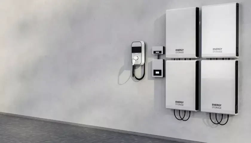 Nowoczesny bank energii 5kW na ścianie, obok ładowarka EV.