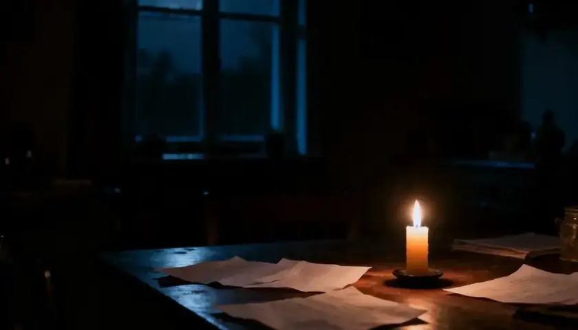 Płonąca świeca oświetla dokumenty na stole podczas nocnego black outu. Księżyc świeci przez okno.