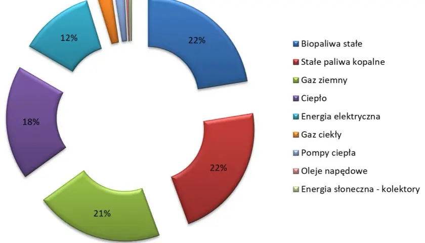 Wykres kołowy pokazuje strukturę zużycia energii w Polsce: 22% gaz ziemny, 22% stałe paliwa kopalne, 21% ciepło, 18% energia elektryczna, 12% biopaliwa stałe, a pozostałe źródła poniżej 2%.
