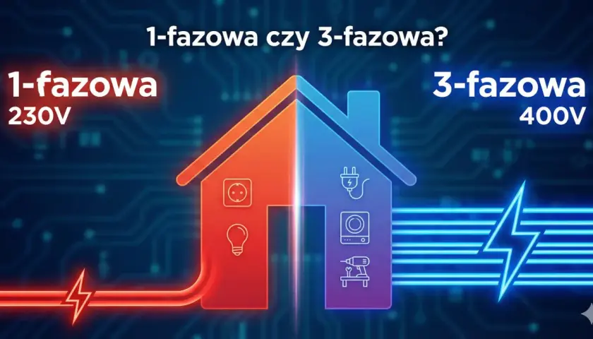Dom podzielony na dwie części: po lewej instalacja jednofazowa 230V (gniazdko, żarówka), po prawej 3-fazowa 400V (wtyczka, pralka, wiertarka).