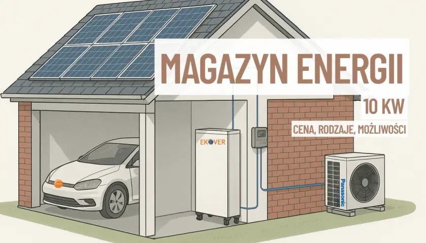 Dom z panelami słonecznymi, magazynem energii, samochodem elektrycznym i jednostką zewnętrzną klimatyzatora. Tekst: "Magazyn Energii 10 KW. Cena, rodzaje, możliwości.