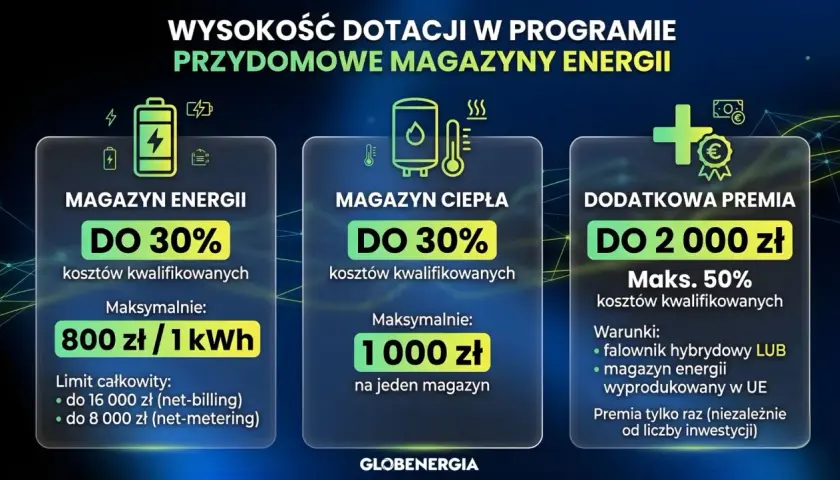 Dotacje na magazyn energii 20 kWh: do 30% kosztów, maks. 800 zł/kWh. Dodatkowa premia do 2000 zł.