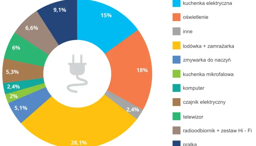 Wykres kołowy pokazuje zużycie energii elektrycznej przez urządzenia domowe, co wpływa na nieodnawialne źródła energii. Najwięcej prądu pochłania pralka (28,1%).