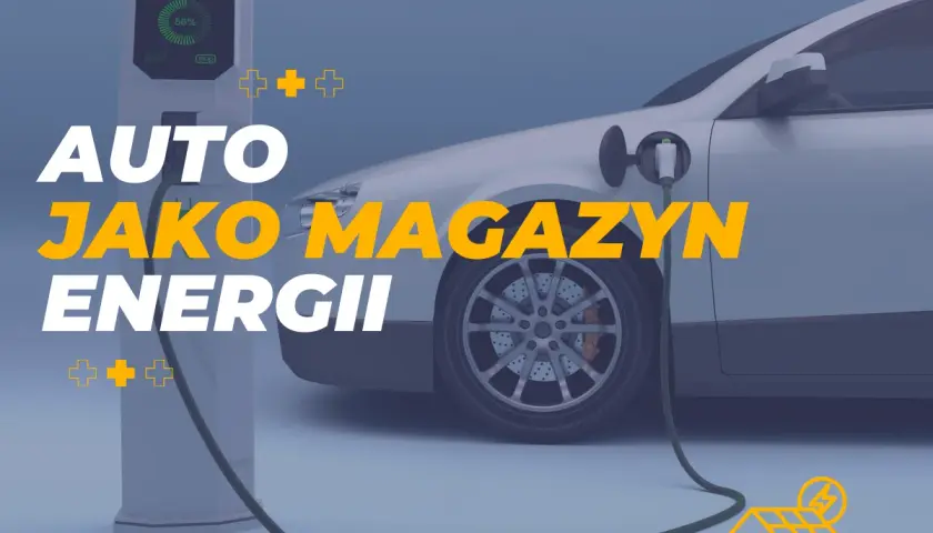 Biały samochód elektryczny podłączony do ładowarki. Napis "AUTO JAKO MAGAZYN ENERGII" sugeruje, że pojazd może służyć jako mobilne źródło zasilania.
