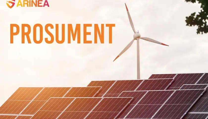 Panele słoneczne i turbina wiatrowa symbolizują prosumenta energii odnawialnej.