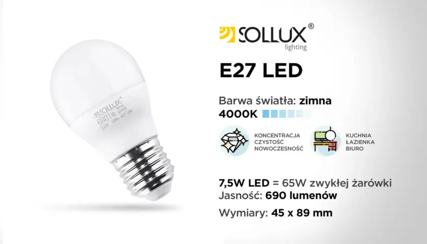 Biała żarówka LED E27 Sollux 7,5W o barwie zimnej 4000K, idealna do kuchni, łazienki i biura. To jeden z rodzajów żarówek energooszczędnych.