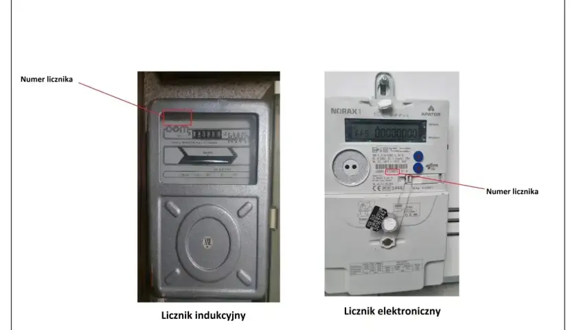 Na liczniku indukcyjnym numer znajduje się w czerwonej ramce. Na elektronicznym, gdzie znajdę numer licznika Energa, jest wskazany czerwoną strzałką.