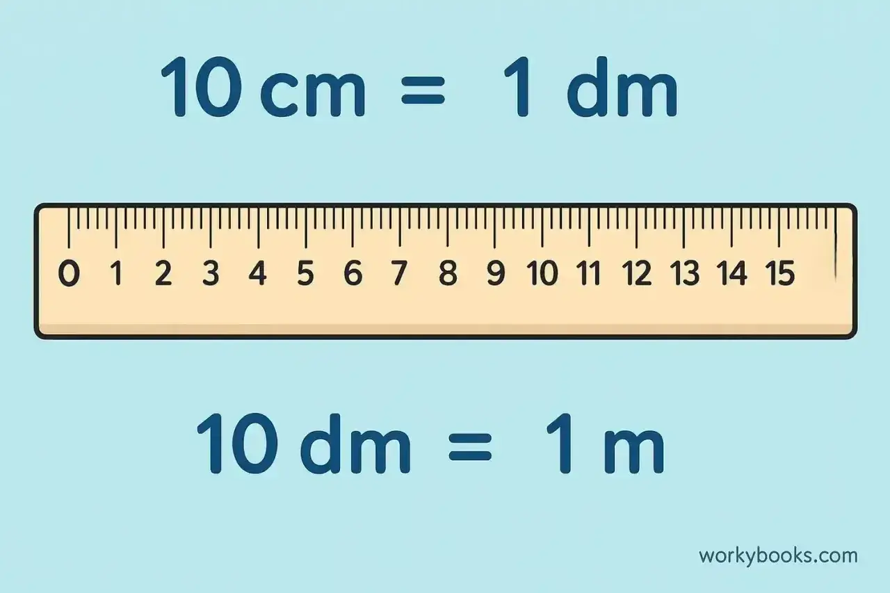 Linijka pokazuje, ile to 1 dm: 10 cm to 1 decymetr, a 10 decymetrów to 1 metr.
