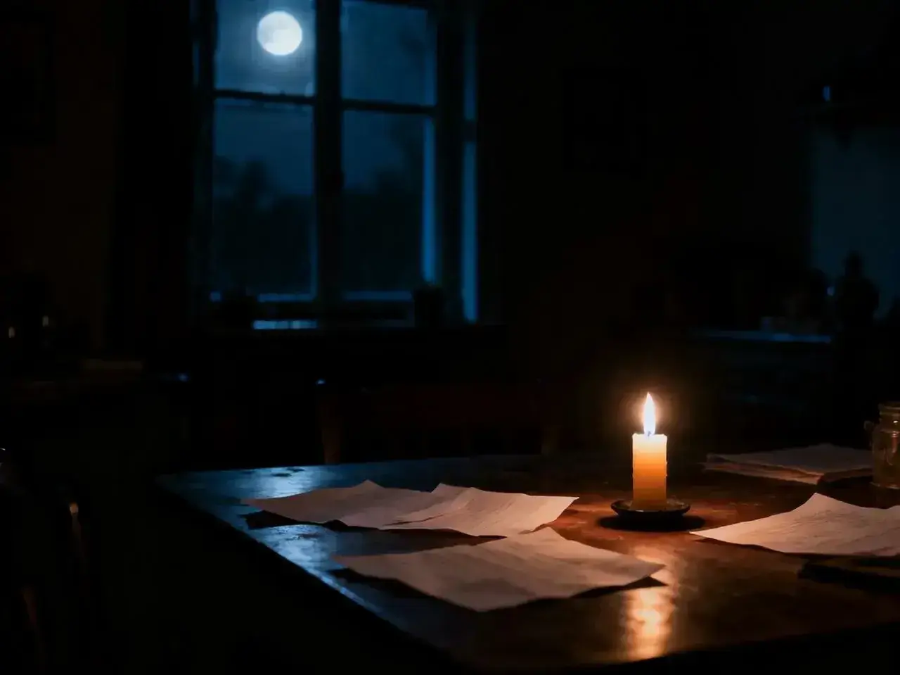 Płonąca świeca oświetla dokumenty na stole podczas nocnego black outu. Księżyc świeci przez okno.