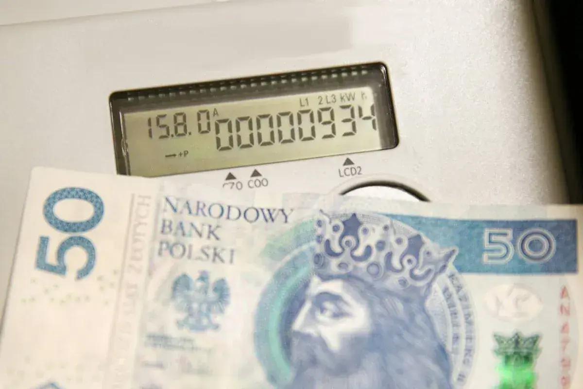 Zastanawiasz się, jak zrezygnować z opłaty handlowej Energa? Na liczniku widać rachunek, a obok banknot 50 zł.